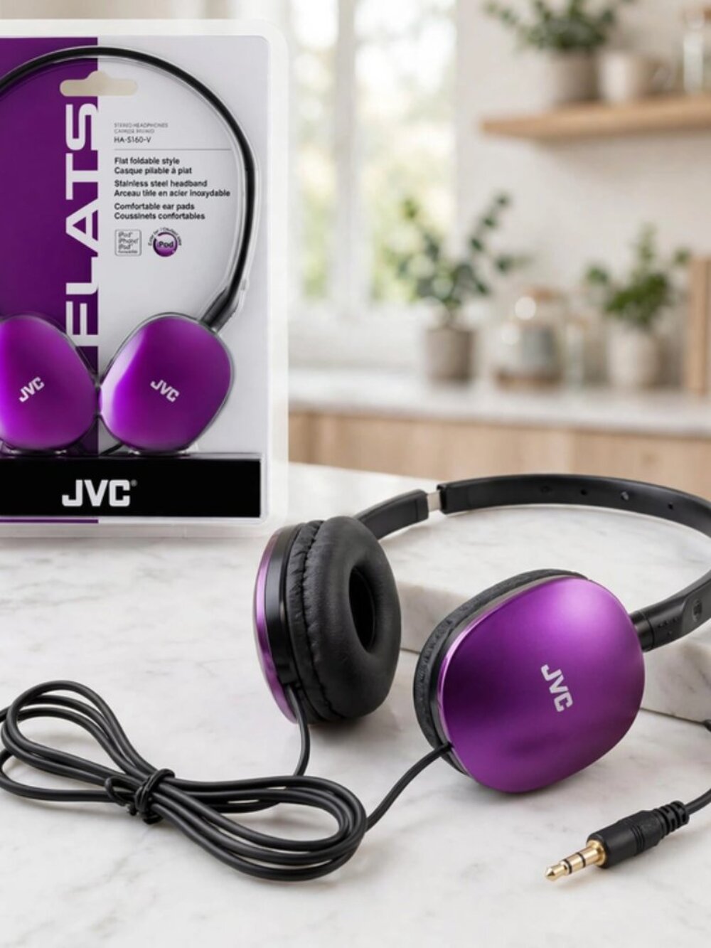 JVC Flats On-Ear Wired Headphones - Flat Foldable Design - 30mm - Violet